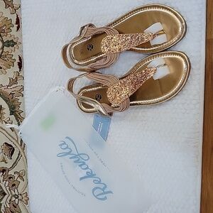 Rekayla Rose Gold flat sandals sparkle thong elastic ankle strap 9.5 New In Bag…
